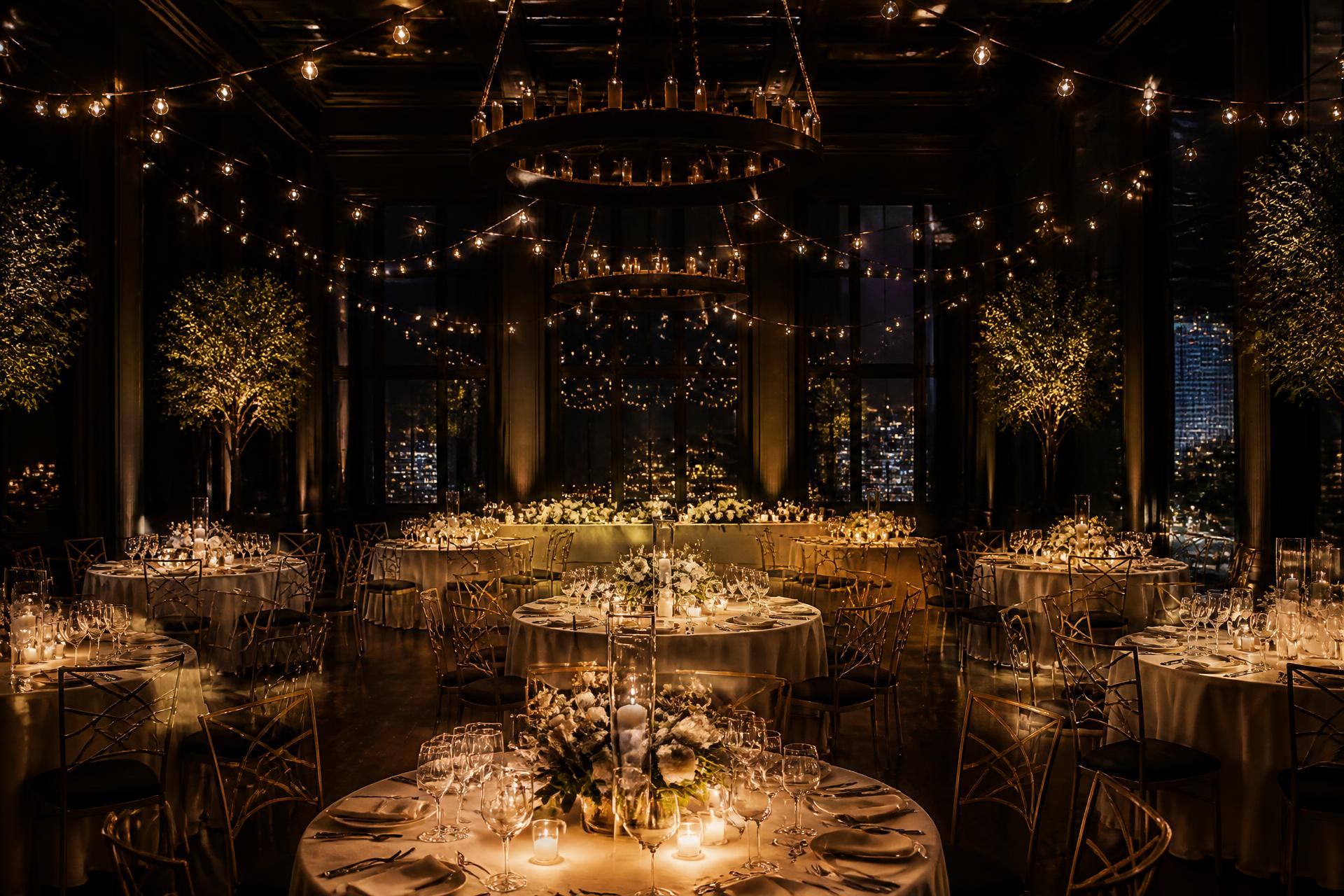 Salão do Villa's Espaço de Eventos decorado para uma celebração noturna